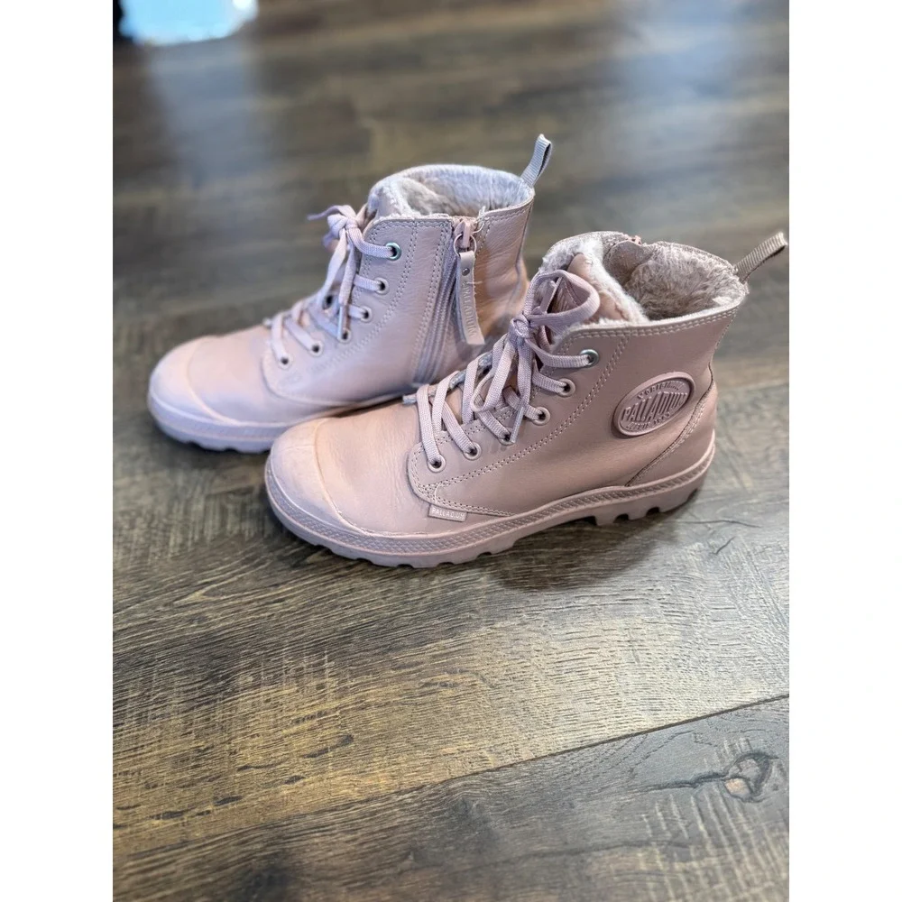 Palladium Boots Leather Fur Lined Ankle‎ Booties Lace Up Pink